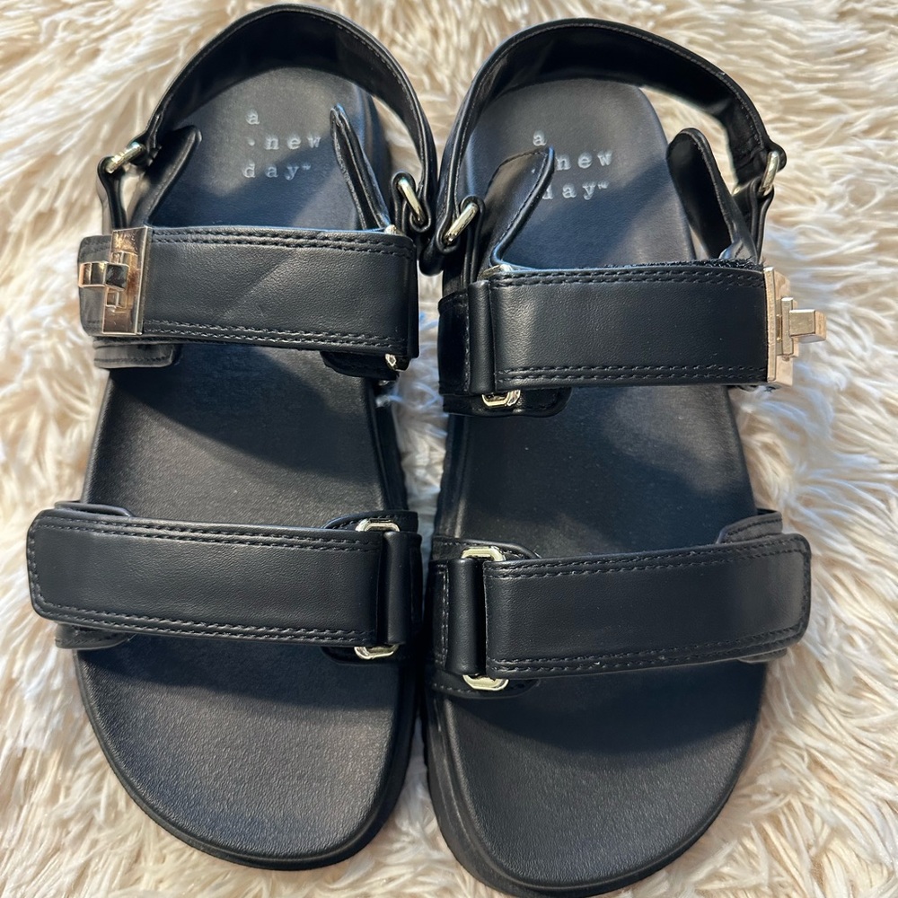 A New Day Black Sandals with Gold Accents